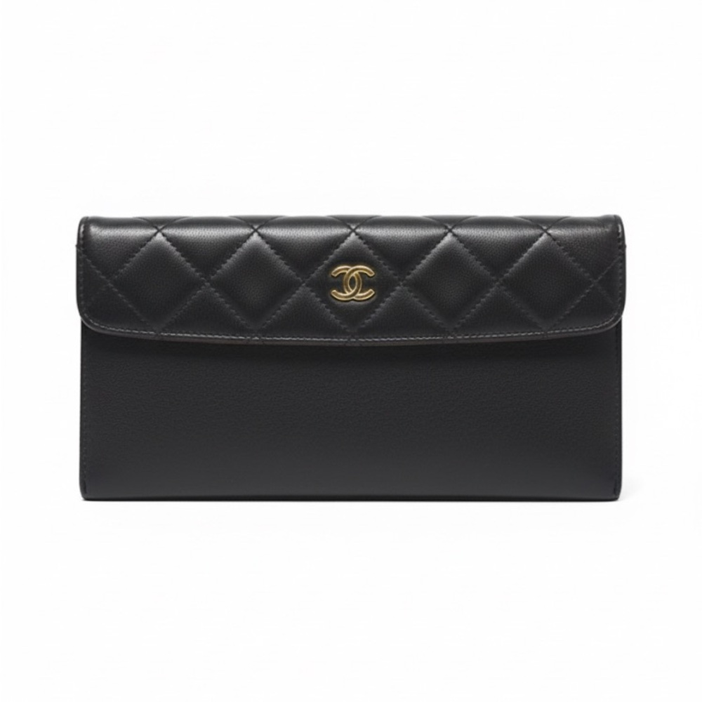 Chanel Matelasse Black Lambskin Leather Clutch